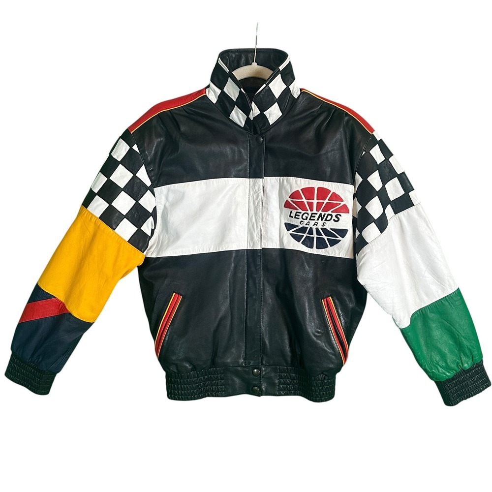 Legends Cars Jacket Leather Racing Checkered Flag Colorblock Black L 90s Vintage